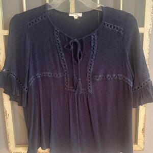 Entro Navy Gauze Blouse with Swiss Dots and Lace Accent